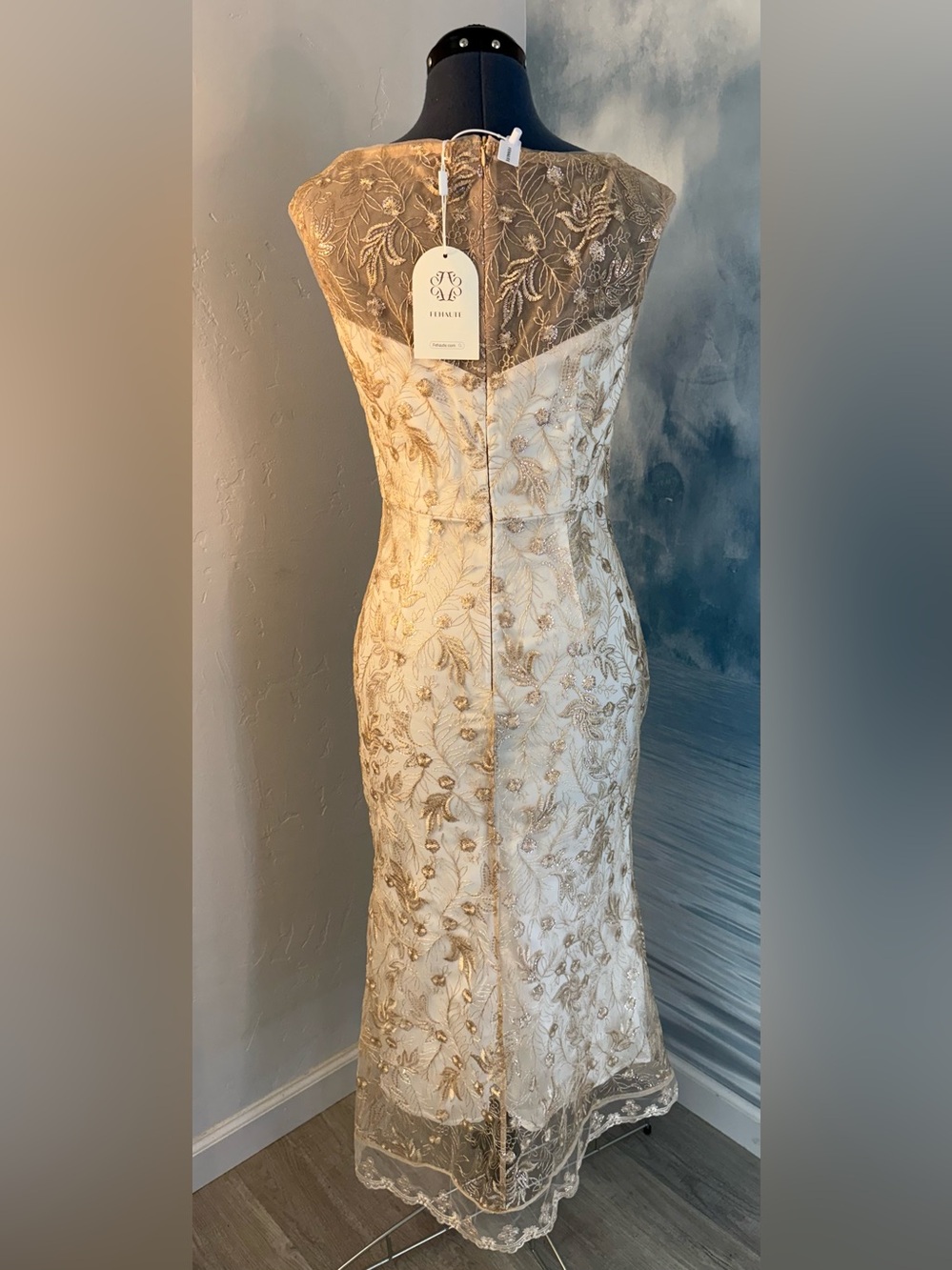 Champagne Sleeveless Sheath Dress with Gold Embroidered Overlay #385 - Picture 3 of 13